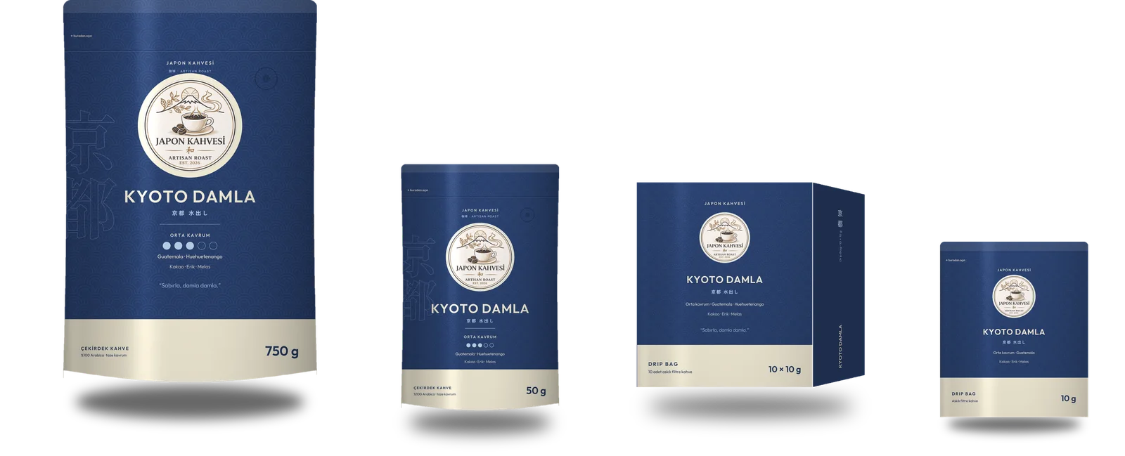 Kyoto Damla 750 g, 50 g, drip bag kutusu ve zarfı